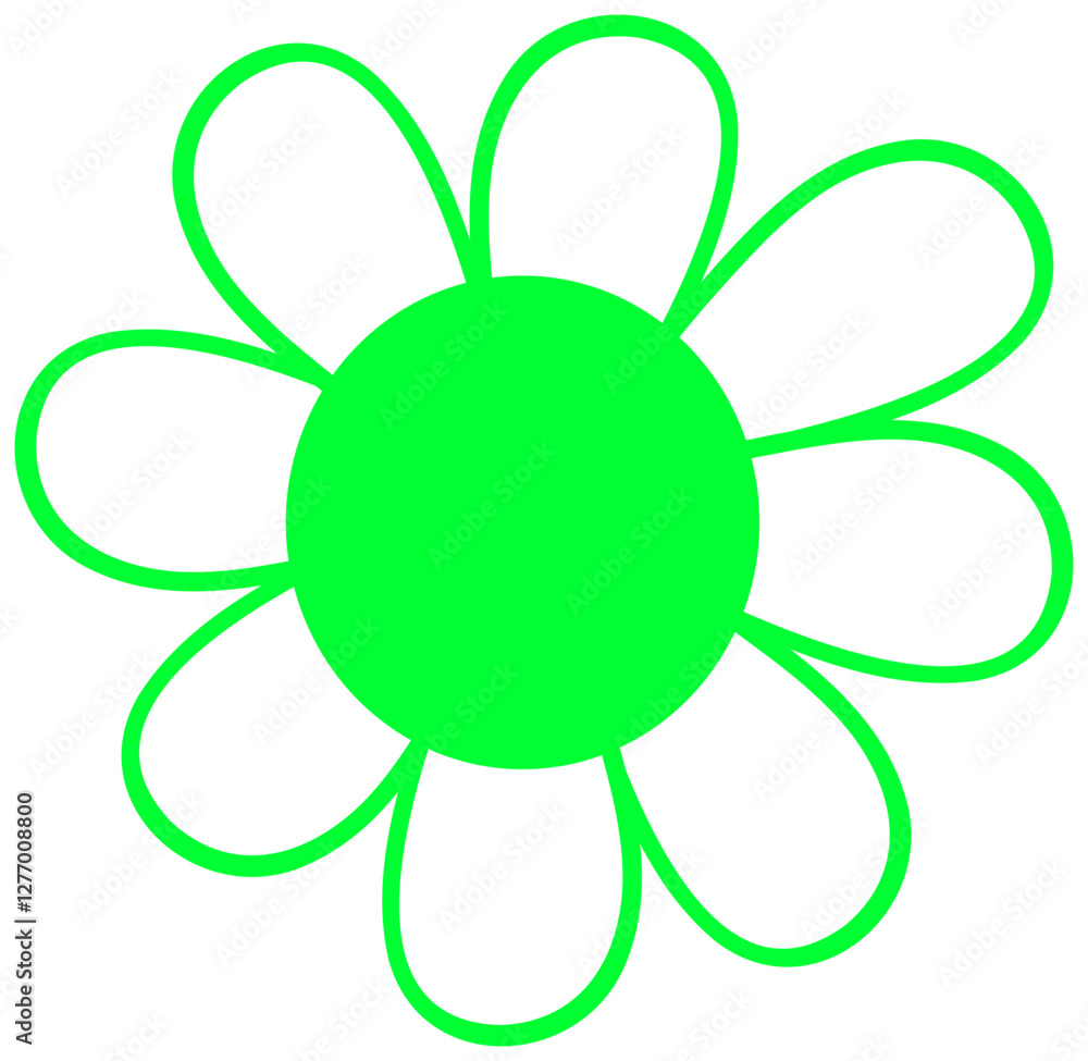 The sticker depicts a bright green, stylized flower, similar to a daisy, with a round center and symmetrical, curved petals. The sticker depicts a bright green, stylized flower, similar to a daisy, with a round center and symmetrical, curved petals.