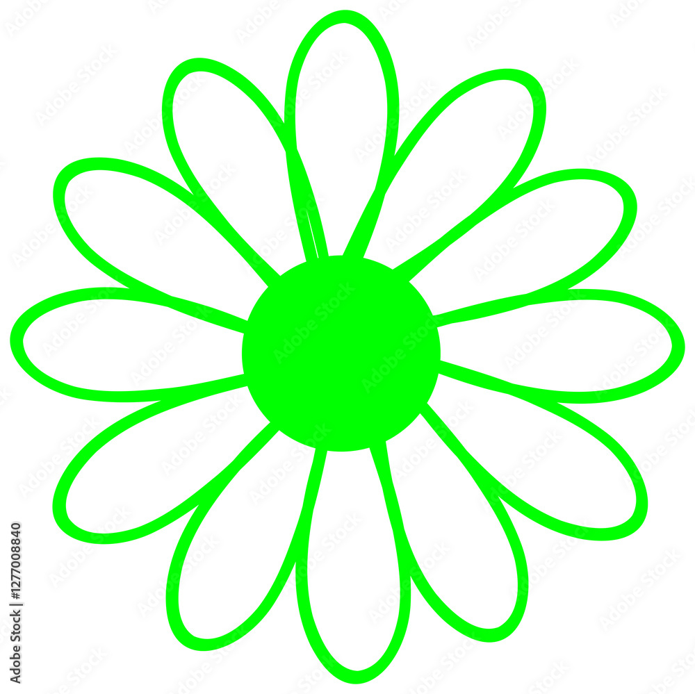 The sticker depicts a bright green, stylized flower, similar to a daisy, with a round center and symmetrical, curved petals. The sticker depicts a bright green, stylized flower, similar to a daisy, with a round center and symmetrical, curved petals.