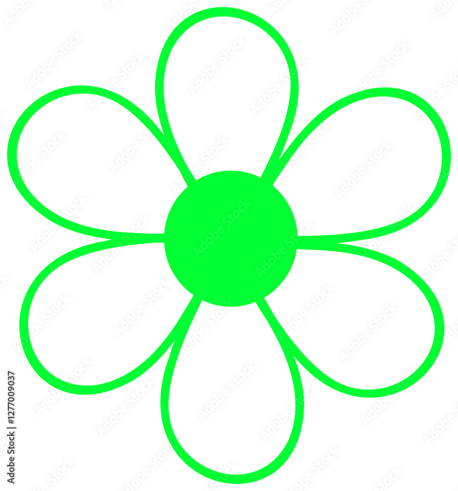 The sticker depicts a bright green, stylized flower, similar to a daisy, with a round center and symmetrical, curved petals. The sticker depicts a bright green, stylized flower, similar to a daisy, with a round center and symmetrical, curved petals.