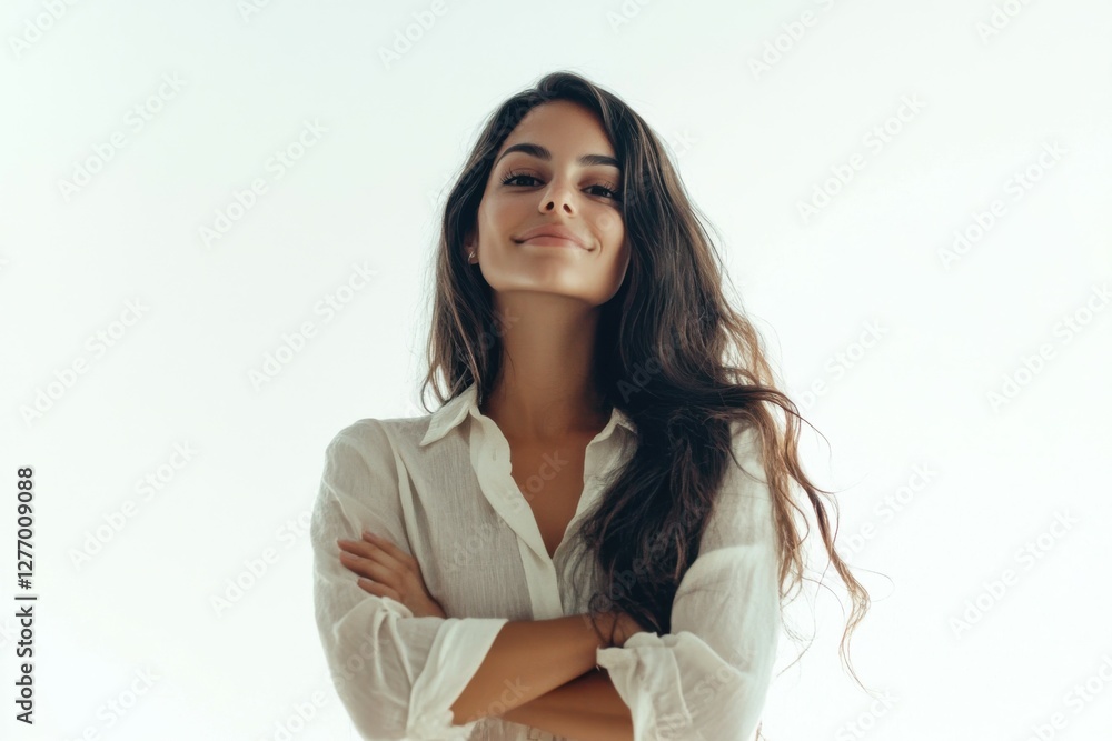 Arms Crossed Looking Up. Portrait of a Confident Young Caucasian Woman Smiling and Standing Isolated Over White Background Arms Crossed Looking Up. Portrait of a Confident Young Caucasian Woman Smiling and Standing Isolated Over White Background