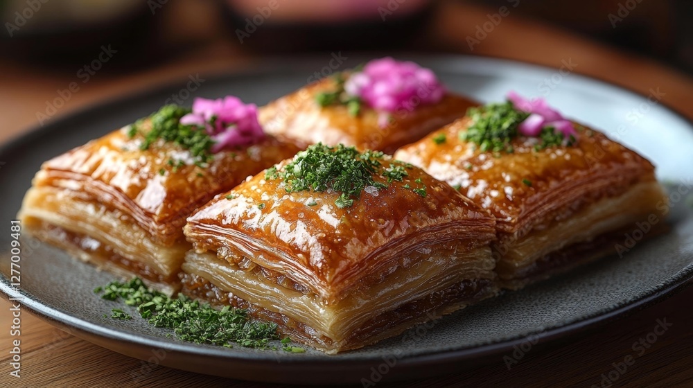 Traditional baklava dessert with golden layers and garnished with herbs and pink toppings. Generative AI Traditional baklava dessert with golden layers and garnished with herbs and pink toppings. Generative AI