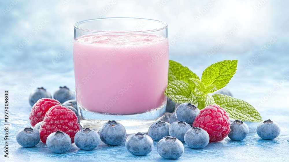 Berry Smoothie Healthy refreshing drink. Close-up with berries around it. Light blue background Berry Smoothie Healthy refreshing drink. Close-up with berries around it. Light blue background