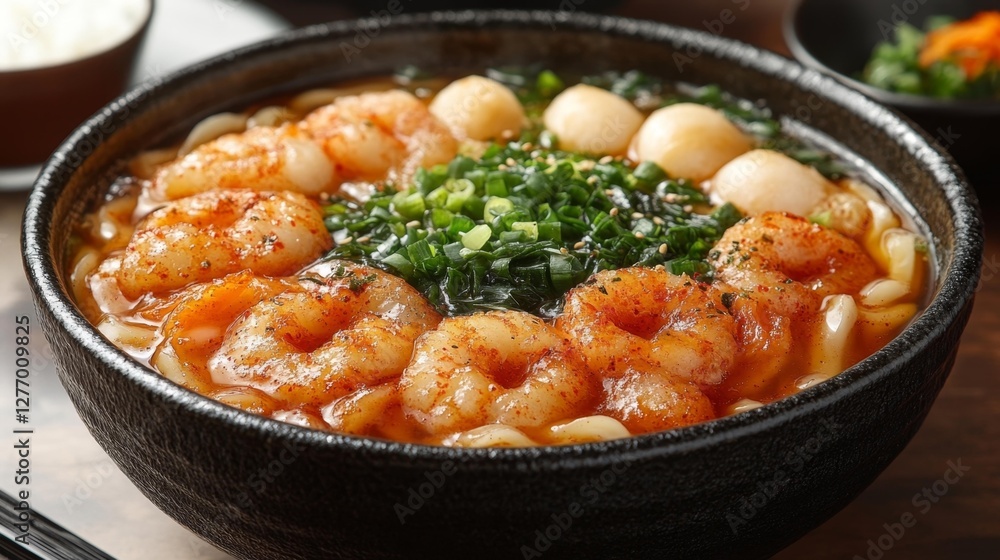 Delicious Shrimp Noodles in a Bowl with Toppings. Generative AI Delicious Shrimp Noodles in a Bowl with Toppings. Generative AI
