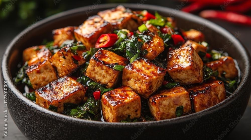 Spicy Grilled Tofu with Red Chili and Greens. Generative AI Spicy Grilled Tofu with Red Chili and Greens. Generative AI