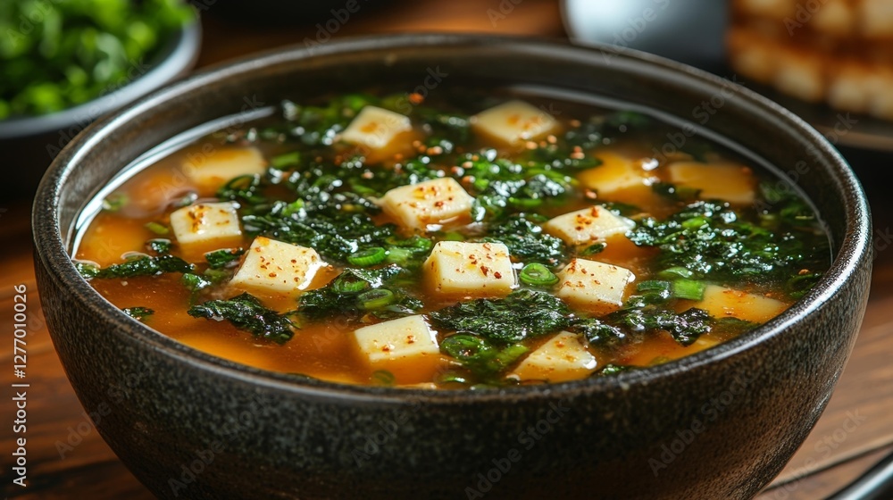 Tofu Soup with Greens and Spicy Broth. Generative AI Tofu Soup with Greens and Spicy Broth. Generative AI
