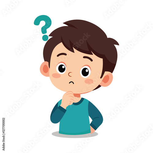 a flat illustration of a child thinking with blue t shirt thinking face