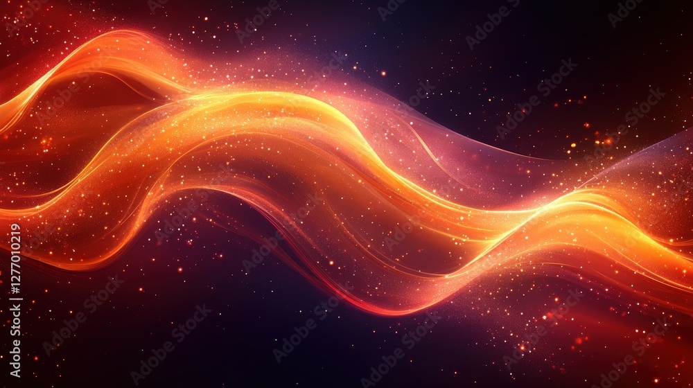 Abstract flowing waves of orange and red light with sparkling particles against a dark background Abstract flowing waves of orange and red light with sparkling particles against a dark background