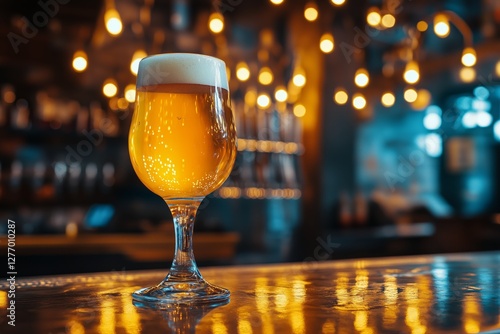 Craft Beer Glass Illuminated by Warm Lights in a Cozy Bar Setting During the ...