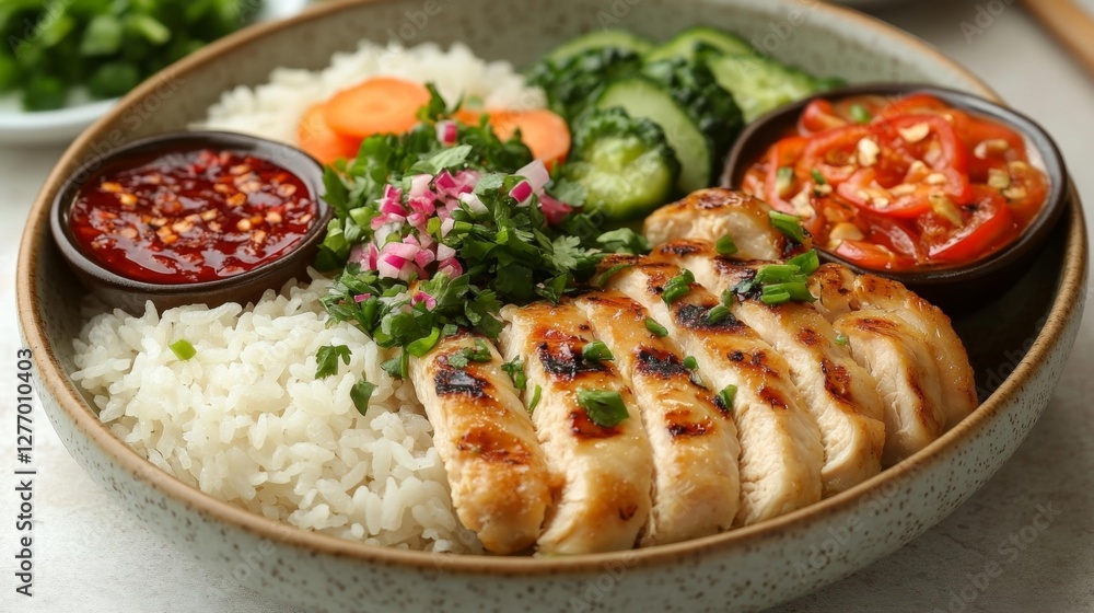 Grilled Chicken with Rice Vegetables and Spicy Sauce. Generative AI Grilled Chicken with Rice Vegetables and Spicy Sauce. Generative AI