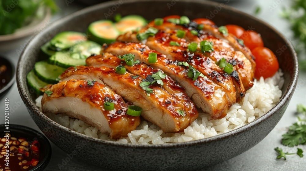 Grilled Chicken with Rice Fresh Vegetables and Garnishes. Generative AI Grilled Chicken with Rice Fresh Vegetables and Garnishes. Generative AI