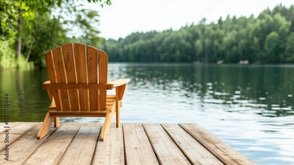 A serene view of a wooden chair overlooking a tranquil lake, surrounded by lush greenery and calm waters, perfect for unwinding and enjoying nature's beauty. A serene view of a wooden chair overlooking a tranquil lake, surrounded by lush greenery and calm waters, perfect for unwinding and enjoying nature's beauty.