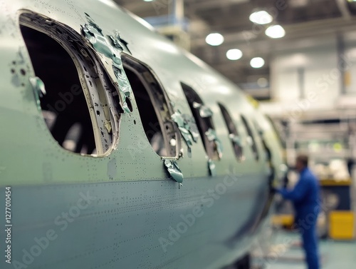 Airplane Undergoing Maintenance: Damaged Aircraft Fuselage in Hangar