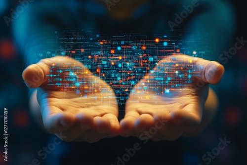 Hands of Innovation Showcasing a Digital Network of Lights and Data in a Crea...