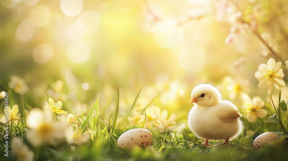 A delightful little chick nestled in a vibrant, flowerfilled meadow, peacefully resting beside a gentle egg A delightful little chick nestled in a vibrant, flowerfilled meadow, peacefully resting beside a gentle egg
