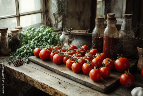 Fresh Tomatoes and Herbs Arranged on Wooden Table in a Rustic Kitchen Setting