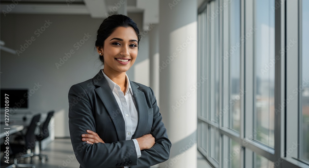 beautiful smile woman wearing a business suit, standing in the office, sunshine, with a little bit of blurred background with copy space beautiful smile woman wearing a business suit, standing in the office, sunshine, with a little bit of blurred background with copy space
