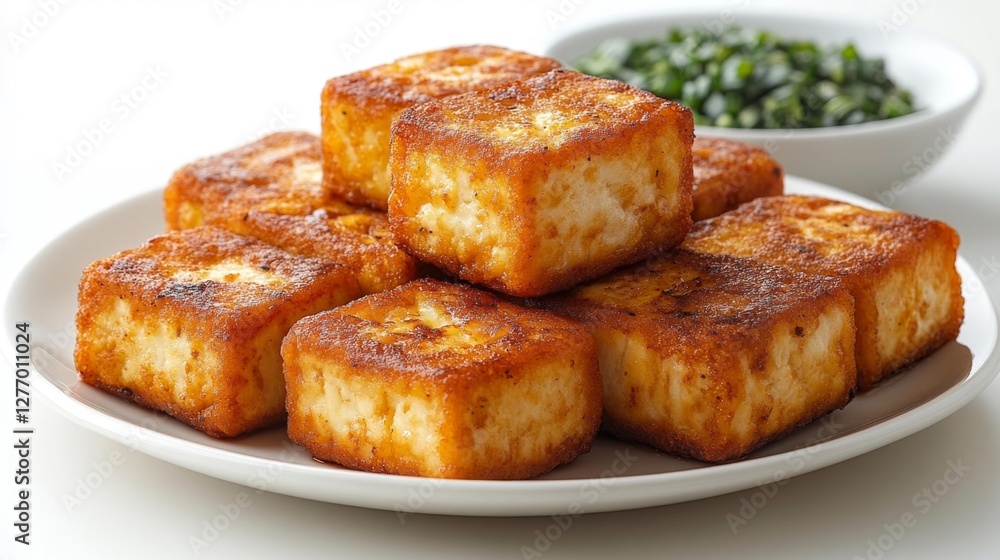 Fried Tofu Cubes with Crispy Texture Served on a Plate with a Side Dish. Generative AI Fried Tofu Cubes with Crispy Texture Served on a Plate with a Side Dish. Generative AI
