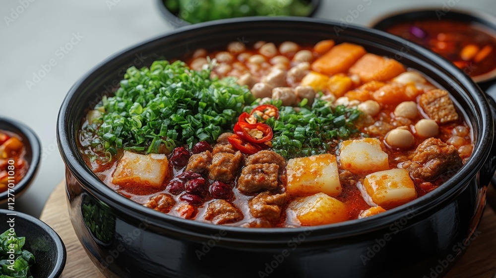 Spicy Hot Pot with Various Ingredients and Toppings. Generative AI Spicy Hot Pot with Various Ingredients and Toppings. Generative AI