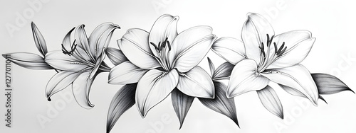 Tattoo design, black and white lilies, drawn in pencil on paper
