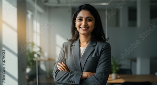 Free Download beautiful smile woman wearing a business suit, standing in the office, sunshine, with a little bit of blurred background with copy space - GFXLoad