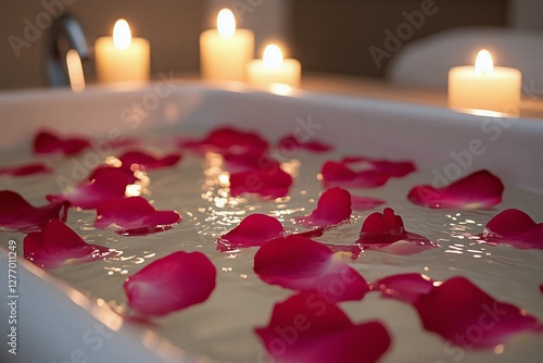 Relaxing Bubble Bath With Rose Petals and Flickering Candles Creating a Sooth...