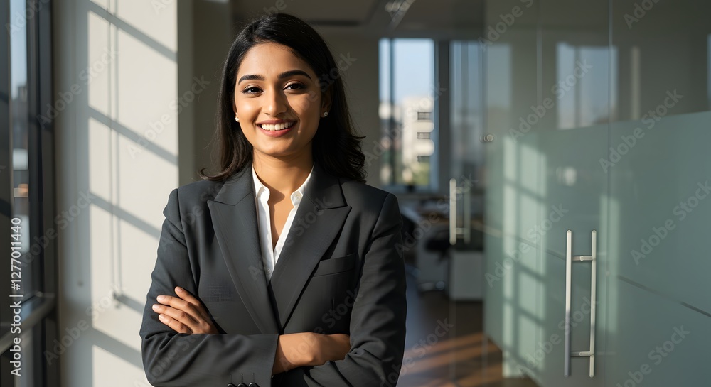 beautiful smile woman wearing a business suit, standing in the office, sunshine, with a little bit of blurred background with copy space beautiful smile woman wearing a business suit, standing in the office, sunshine, with a little bit of blurred background with copy space