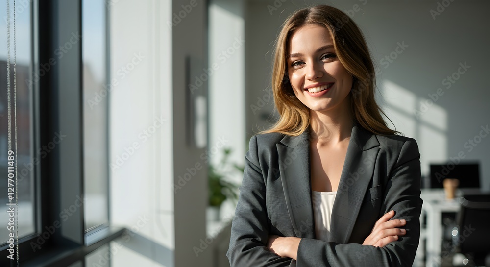 Obraz premium beautiful smile woman wearing a business suit, standing in the office, sunshine, with a little bit of blurred background with copy space