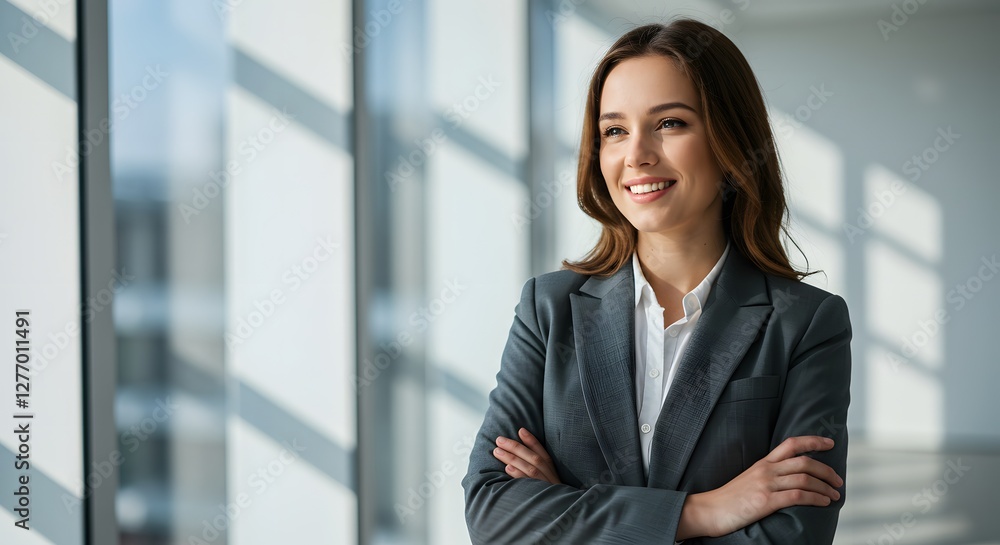 beautiful smile woman wearing a business suit, standing in the office, sunshine, with a little bit of blurred background with copy space beautiful smile woman wearing a business suit, standing in the office, sunshine, with a little bit of blurred background with copy space