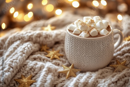 Cozy Hot Chocolate With Marshmallows and Festive Decorations During Winter Ev...