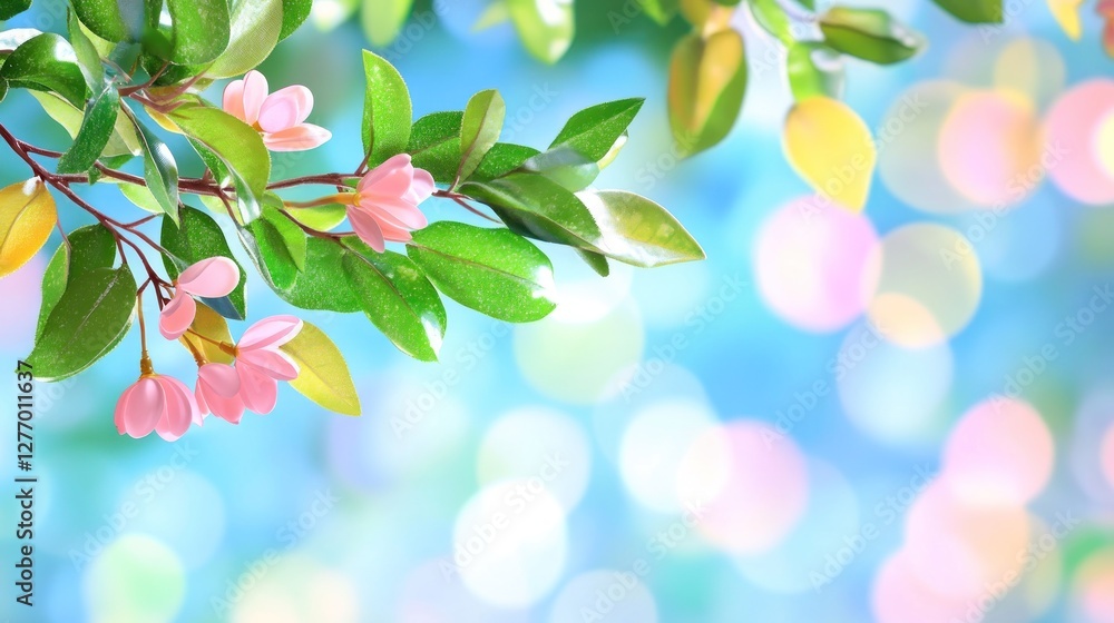 Blossoms shine amid verdant leaves, bokeh highlights the serenity. Natural backdrop, beauty product promotion Blossoms shine amid verdant leaves, bokeh highlights the serenity. Natural backdrop, beauty product promotion