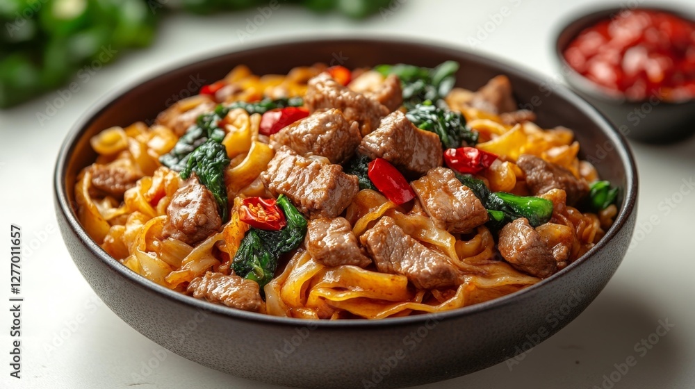 Savory Stir-Fried Noodles with Beef Spinach and Dried Red Peppers. Generative AI Savory Stir-Fried Noodles with Beef Spinach and Dried Red Peppers. Generative AI
