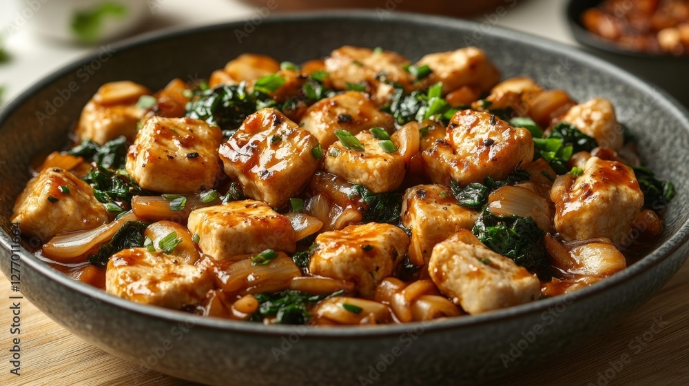 Tofu Stir Fry with Spinach Onions and Savory Sauce. Generative AI Tofu Stir Fry with Spinach Onions and Savory Sauce. Generative AI