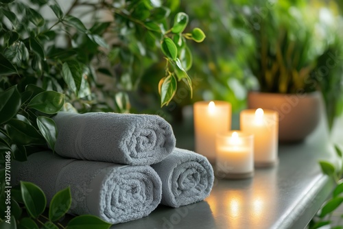 Relaxing Spa Setting With Candles and Towels Surrounded by Greenery for a Cal...