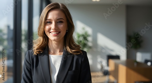 Free Download beautiful smile woman wearing a business suit, standing in the office, sunshine, with a little bit of blurred background with copy space - GFXLoad