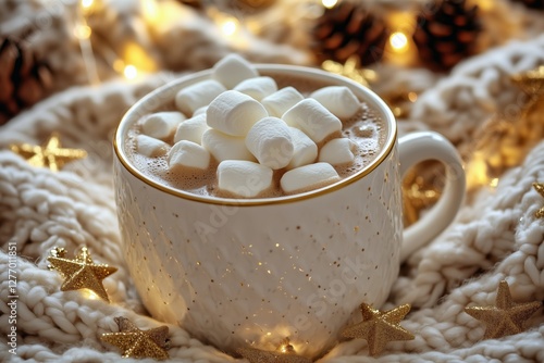 Cozy Hot Chocolate With Marshmallows and Festive Decorations During Winter Ev...