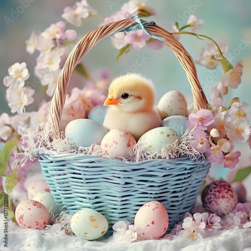 Little chicks in a basket surrounded by pastel-coloured flowers.