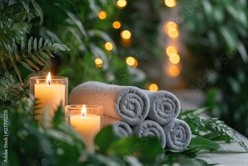 Relaxing Spa Setting With Candles and Towels Surrounded by Greenery for a Cal...