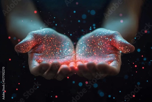 Hands of Innovation Showcasing a Digital Network of Lights and Data in a Crea...