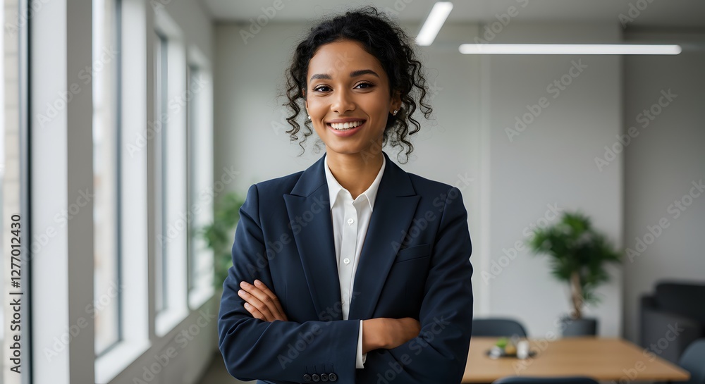 beautiful smile woman wearing a business suit, standing in the office, sunshine, with a little bit of blurred background with copy space