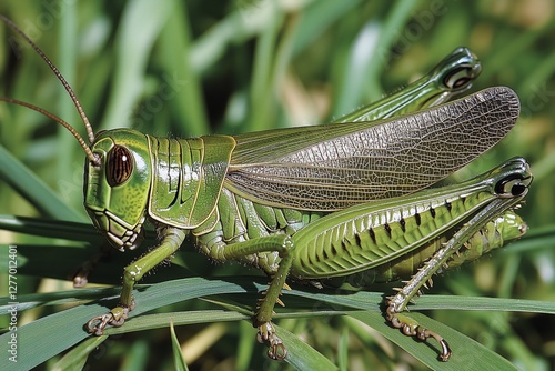Close-up View of a Green Grasshopper on a Blade of Grass During Daytime in a ...