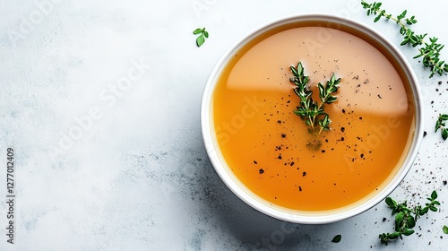 An aesthetically pleasing bowl of golden broth elegantly garnished with fresh herbs, creating a vibrant and inviting look that highlights culinary artistry and nourishment. photo