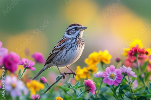 Bird Perched on Vibrant Flowers During a Spring Morning in a Colorful Garden