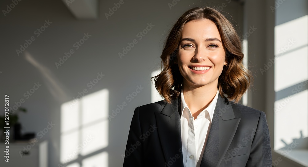 beautiful smile woman wearing a business suit, standing in the office, sunshine, with a little bit of blurred background with copy space beautiful smile woman wearing a business suit, standing in the office, sunshine, with a little bit of blurred background with copy space