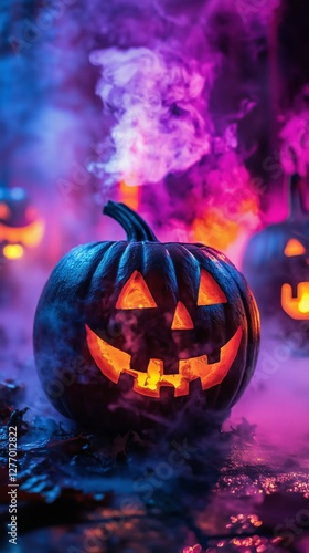 Halloween Pumpkins Glow in the Dark Amidst Purple Fog During a Spooky Celebra...