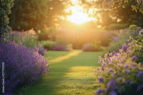 Sunlight Filters Through Trees Illuminating a Flower-Lined Path in a Serene G...