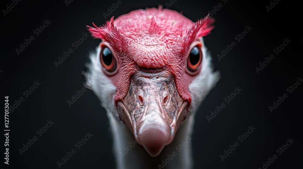 This close-up portrait showcases a unique bird with striking red features and intense eyes, highlighting its distinctive characteristics and captivating appearance. This close-up portrait showcases a unique bird with striking red features and intense eyes, highlighting its distinctive characteristics and captivating appearance.