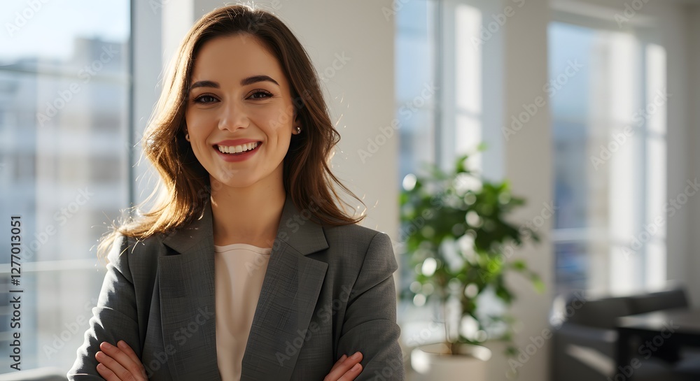 beautiful smile woman wearing a business suit, standing in the office, sunshine, with a little bit of blurred background with copy space beautiful smile woman wearing a business suit, standing in the office, sunshine, with a little bit of blurred background with copy space