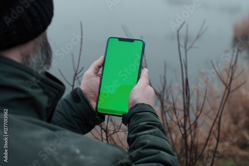 Hand holding mobile phone with green chroma key screen mockup