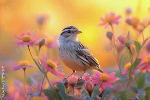 Bird Perched on Vibrant Flowers During a Spring Morning in a Colorful Garden