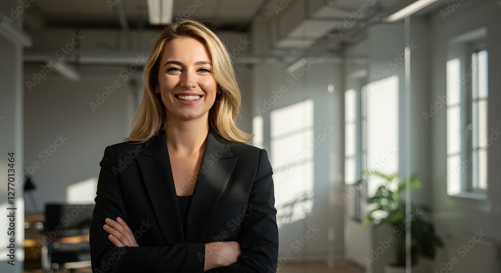 beautiful smile woman wearing a business suit, standing in the office, sunshine, with a little bit of blurred background with copy space beautiful smile woman wearing a business suit, standing in the office, sunshine, with a little bit of blurred background with copy space